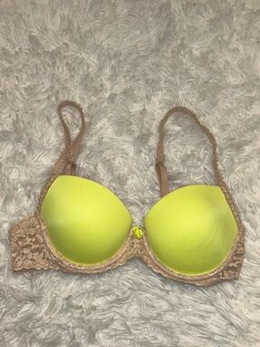 Victoria’s Secret PINK push up Demi bra neon yellow and tan lace 34B